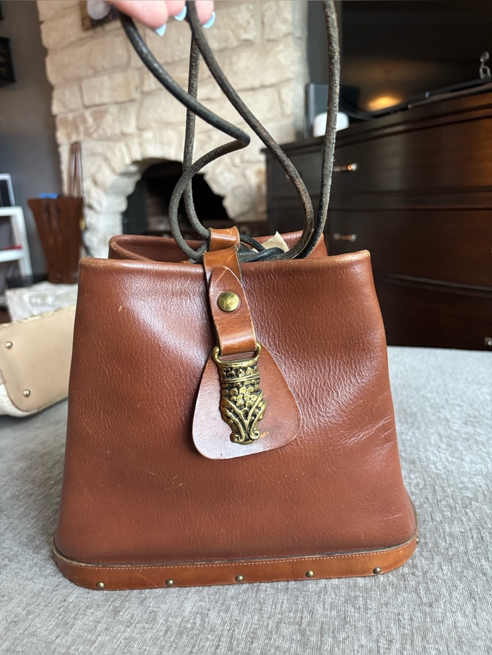 1970s Handmade Leather Drawstring Bucket Bag with Dragon Medallion